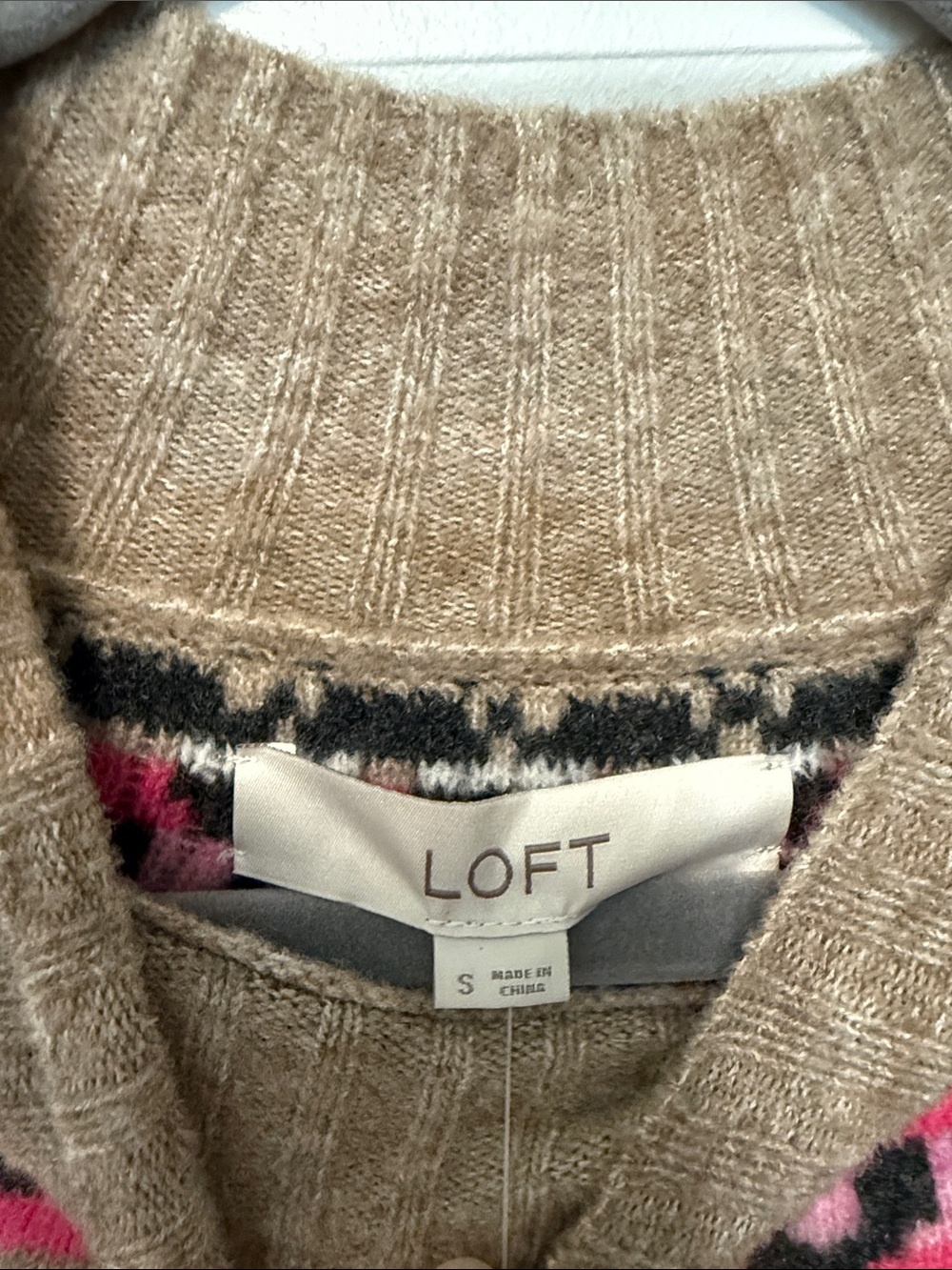 LOFT Tan Sweater Dress with Pink and Black Fair Isle Yoke - Picture 3 of 4